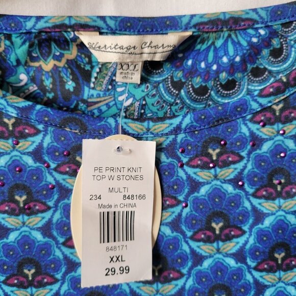 NEW Heritage Charm XXL 2X Plus Peacock Print Top rhinestones pullover NWT blouse - Picture 10 of 11